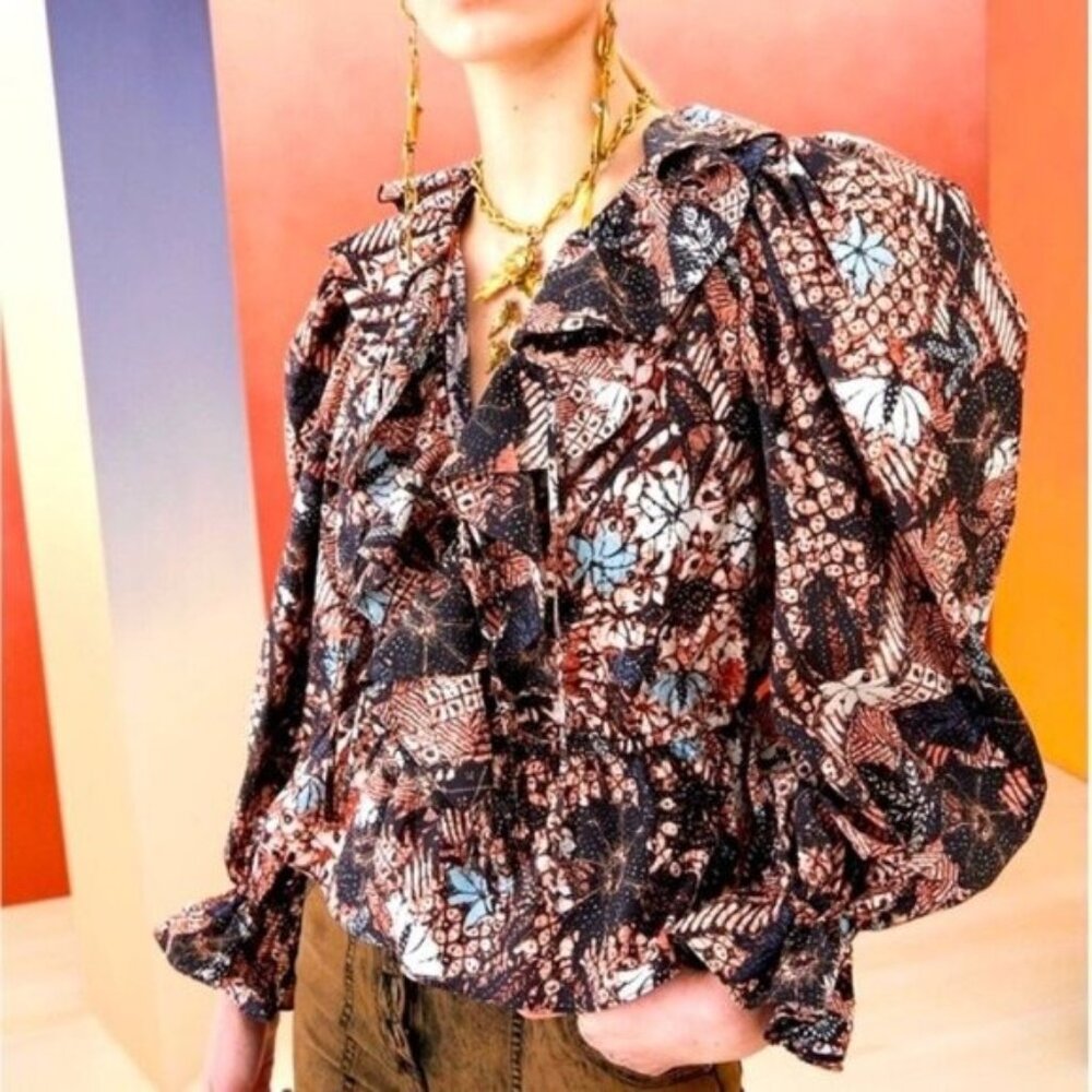 Designer Ulla Johnson Kalila Blouse Rosewwod Leaves Brown Black Ruffle Top Sz 2